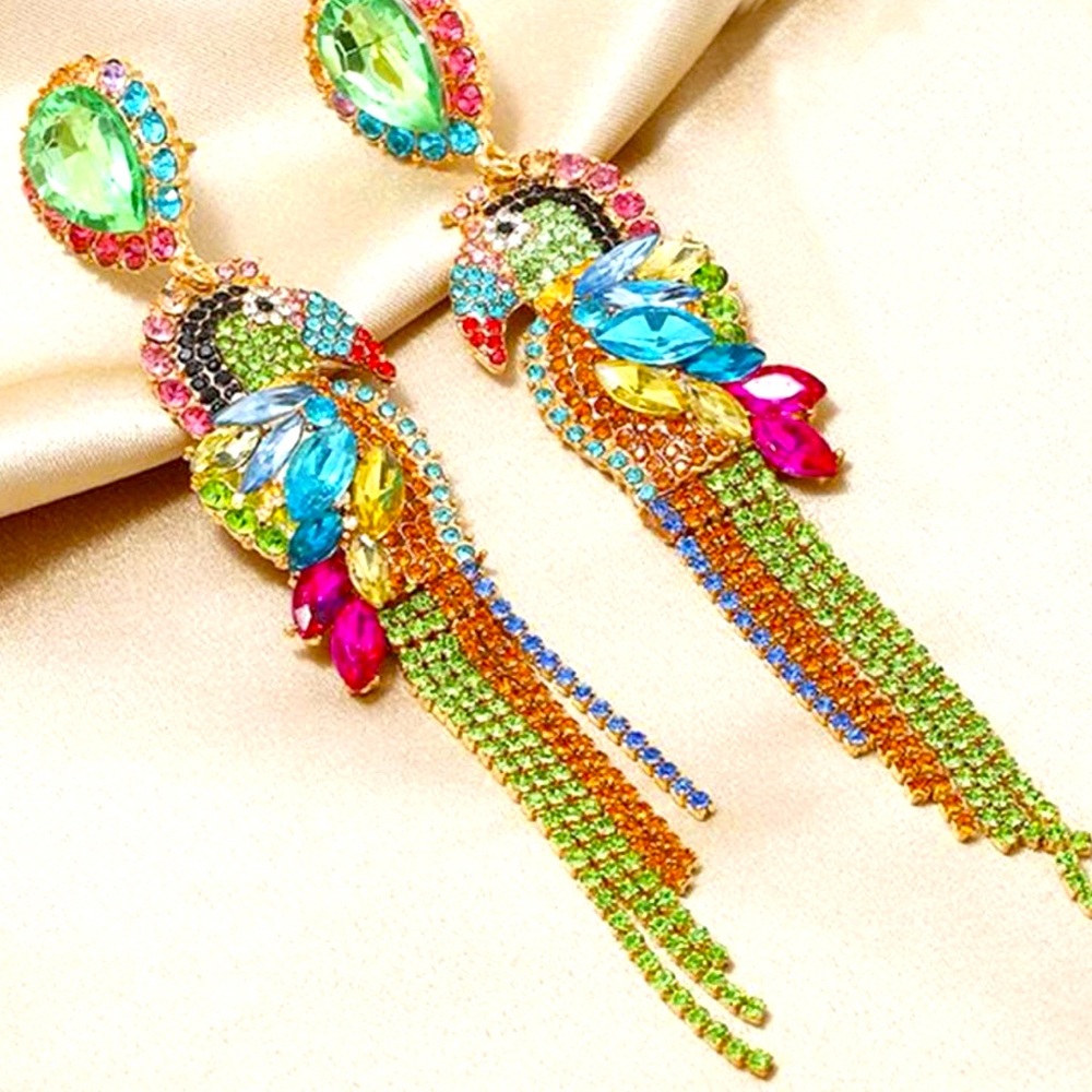 Rhinestone Parrot drop statement piece earrings, lead free
